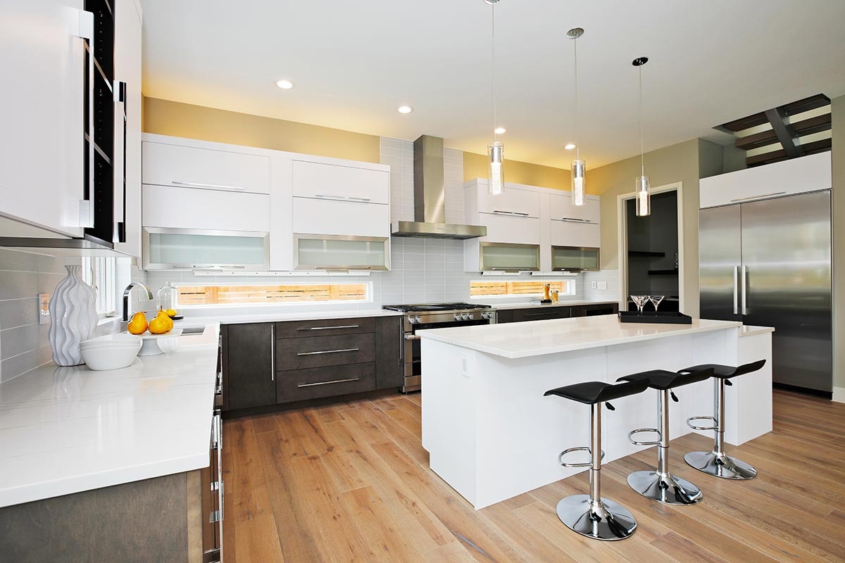 White quartz kitchen countertop with a waterfall edge